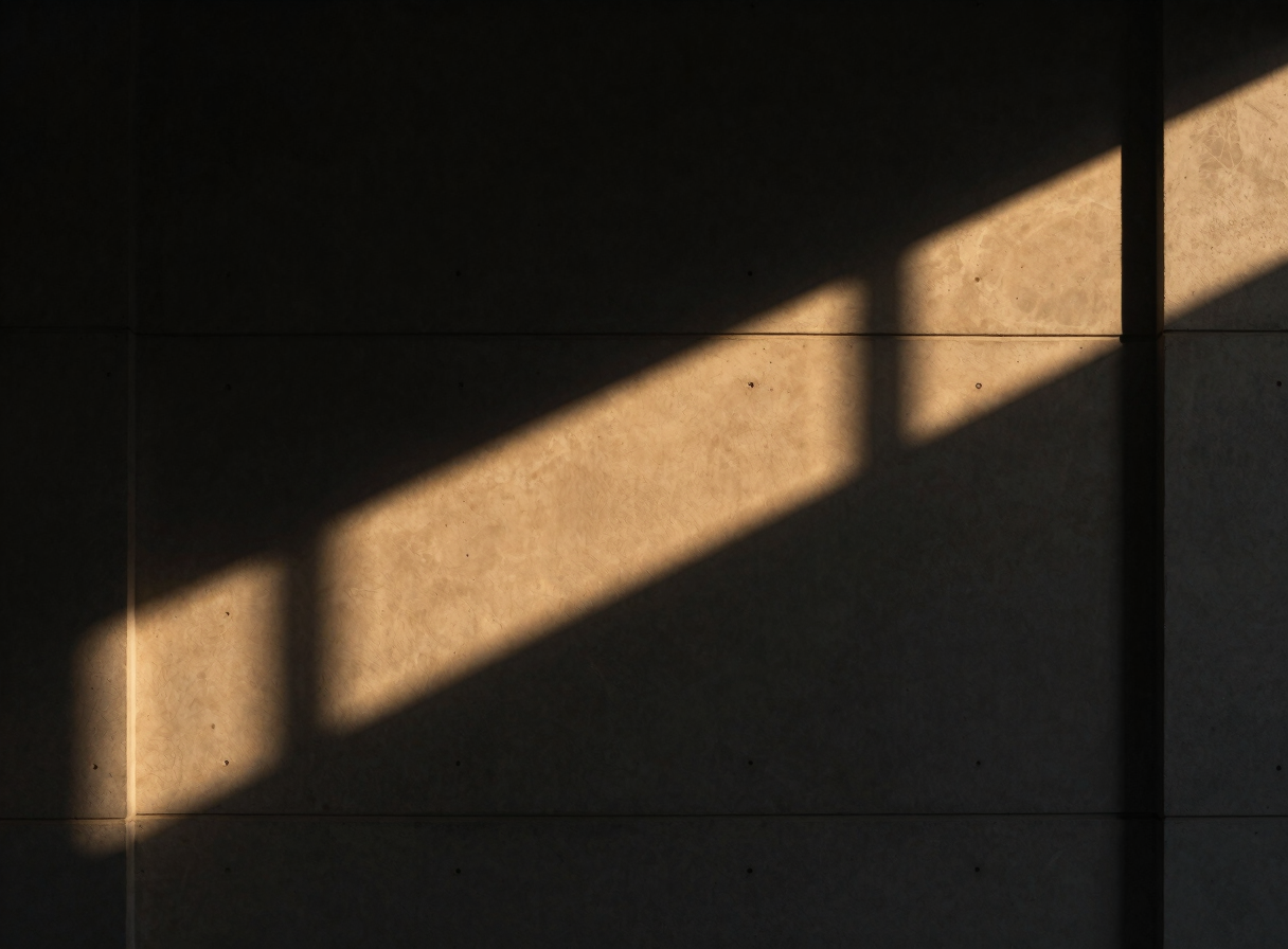 Abstract architectural shadows on a concrete wall, minimalist, dark moody, golden-hour light cutting through a high-rise window