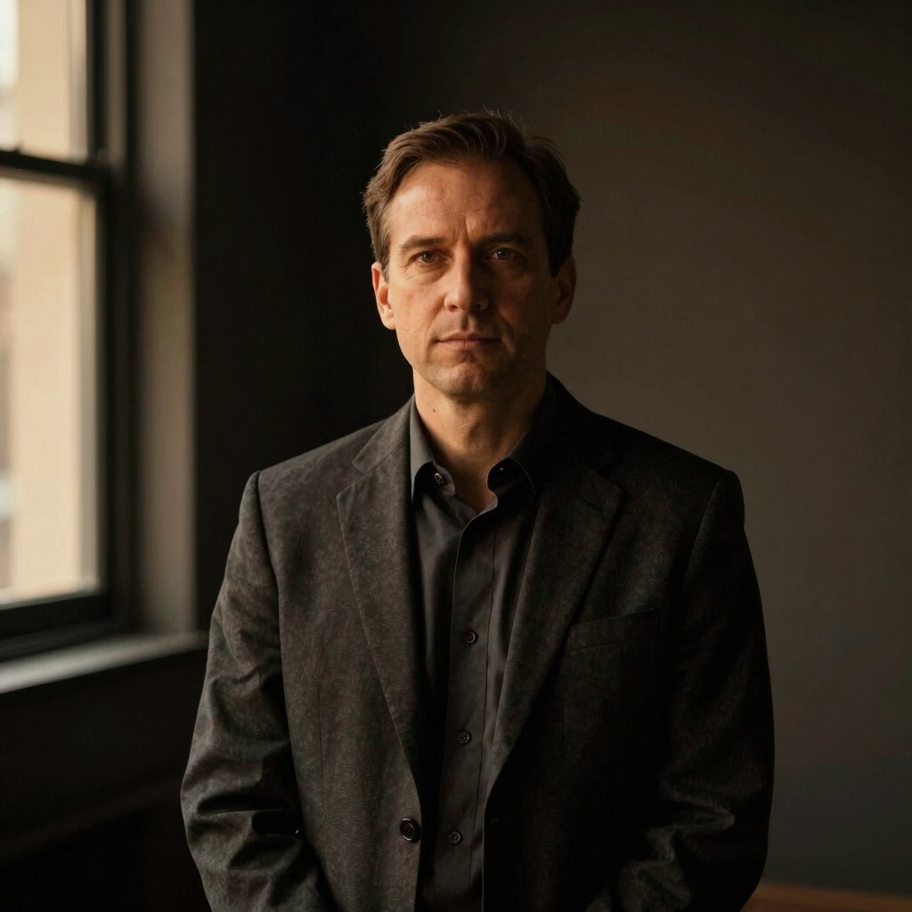 Sober professional portrait of a male psychologist in his 40s, dark charcoal background, warm amber lighting, editorial 35mm photography, looking calm and authoritative.