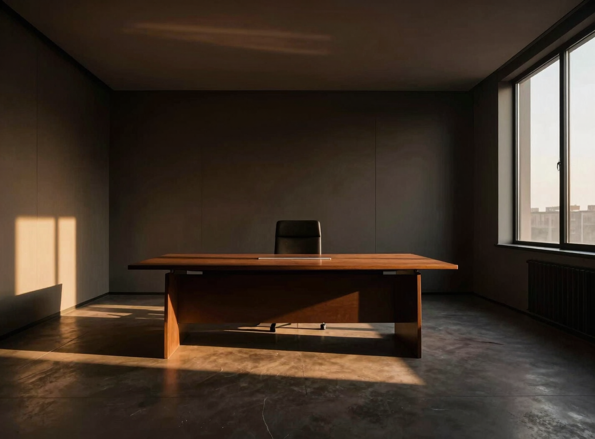 Empty minimalist executive boardroom with dramatic low-key lighting, structured shadows, warm amber accents